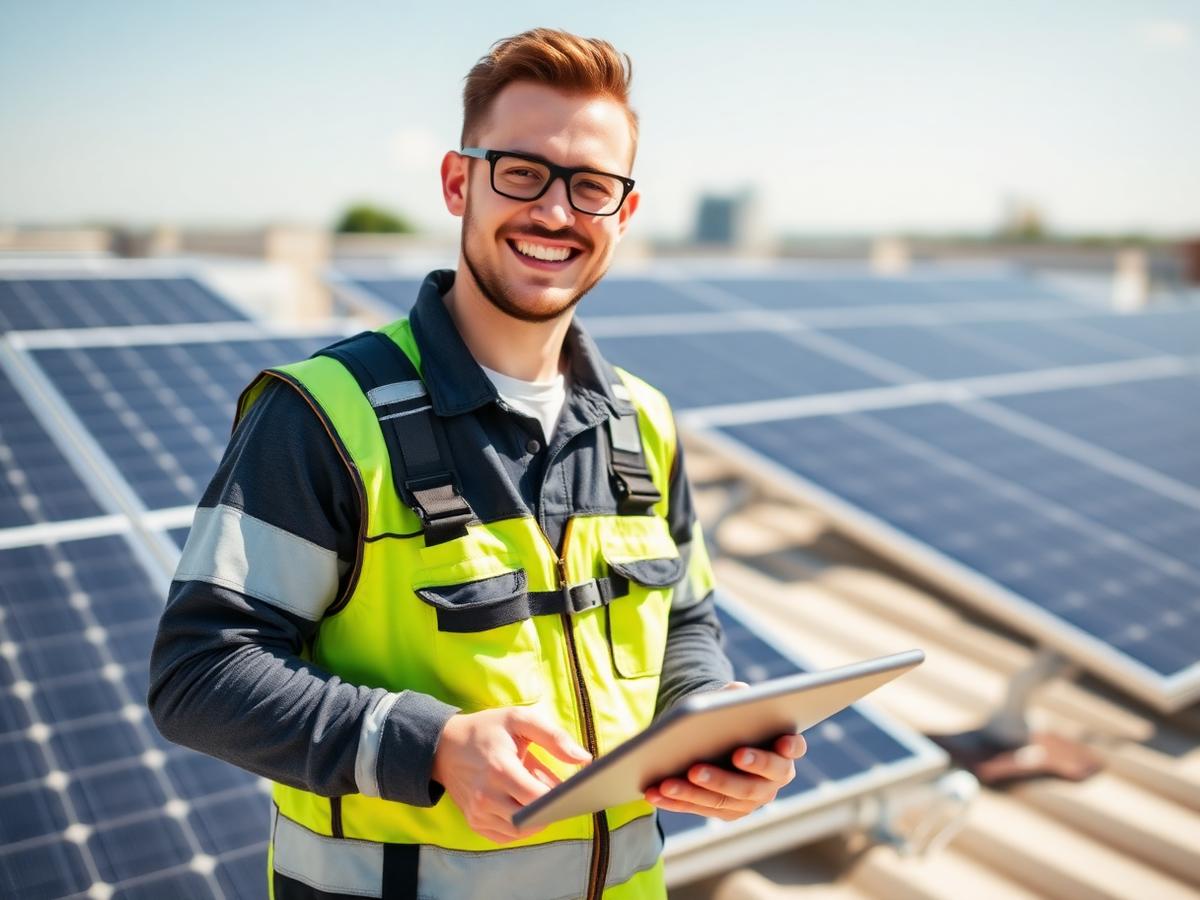 Professionele installateur op een dak met zonnepanelen